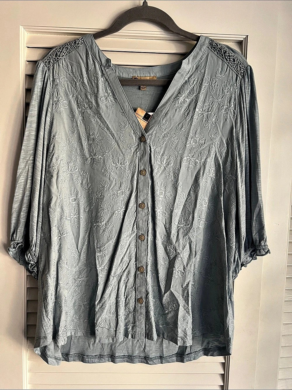 Democracy Floral Button-Front Blouse in Blue XL NWT
